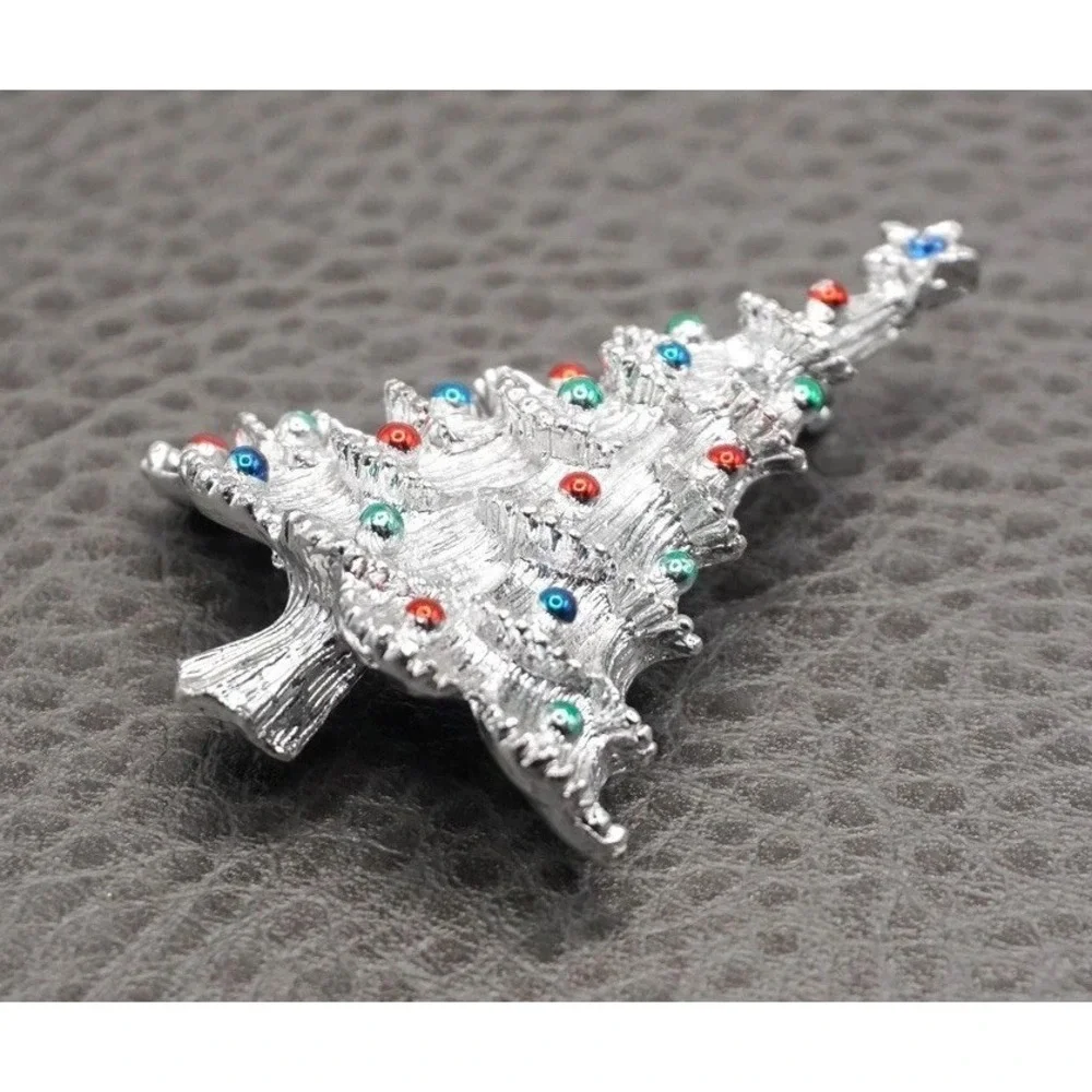 Vintage Christmas Tree Brooch Rhinestone Red Green Blue Silver Tone MCM Retro